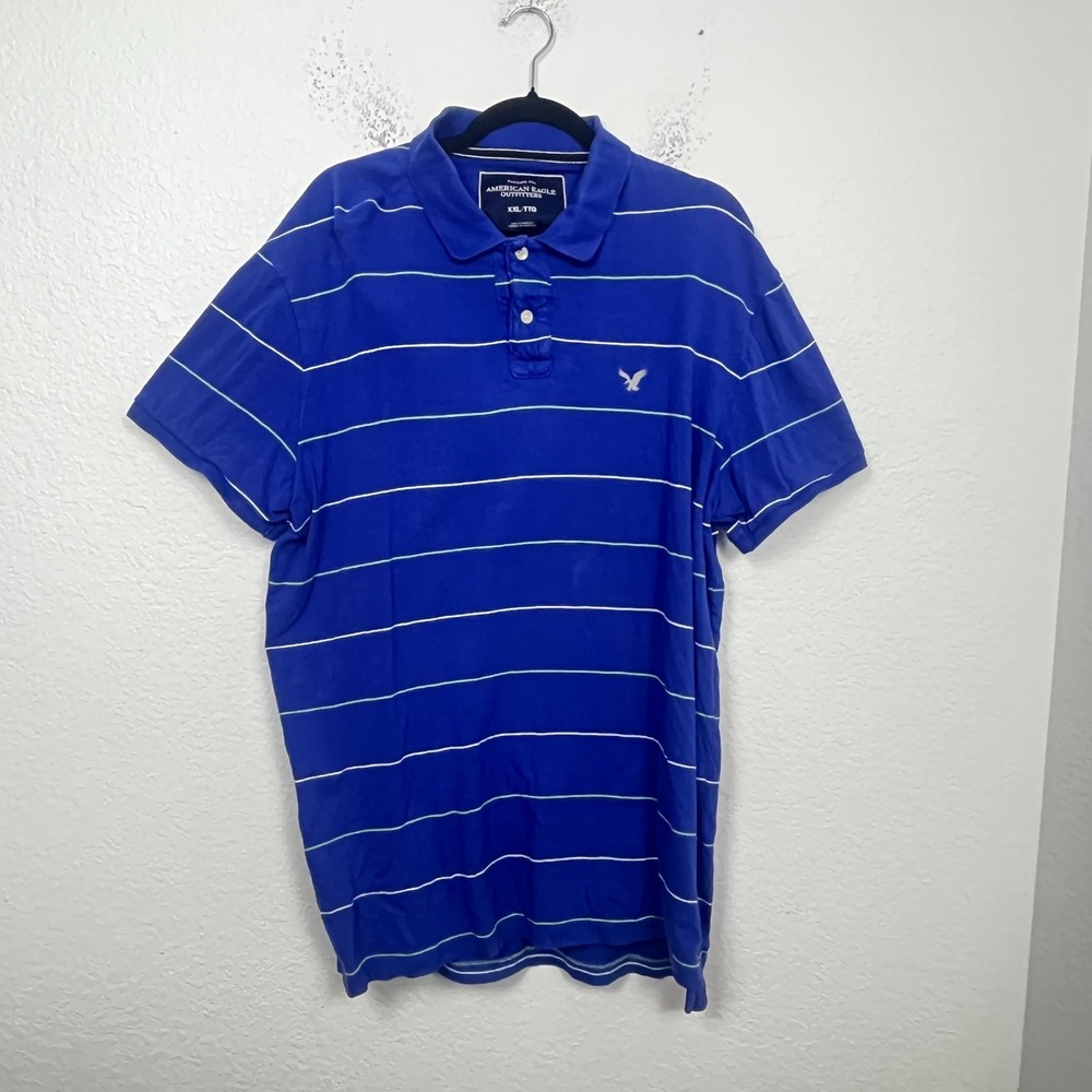 American Eagle Outfitters Polo Shirt Mens 2XL Blue Striped Cotton Vintage Fit‎